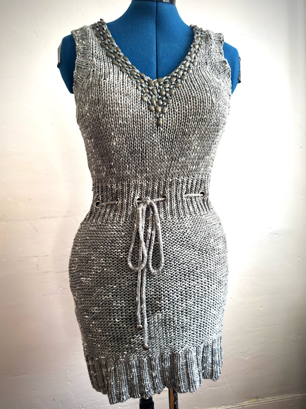 BCBG Sleeveless Grey Knit Beaded V-Neck Tunic/Dress with Drawstring Waist